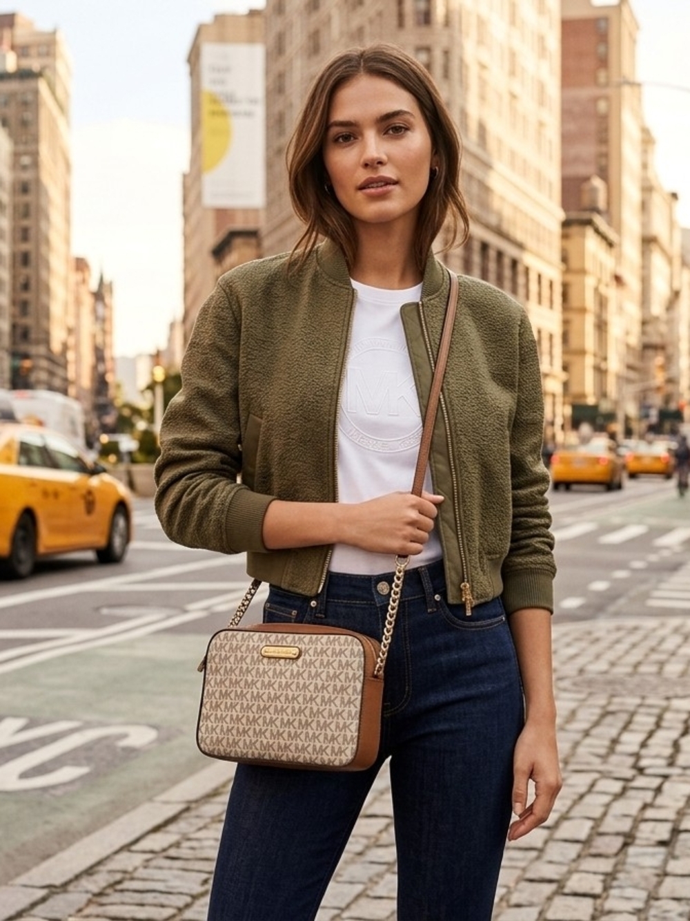 Michael Kors Beige and Brown MK Logo Messenger Bag